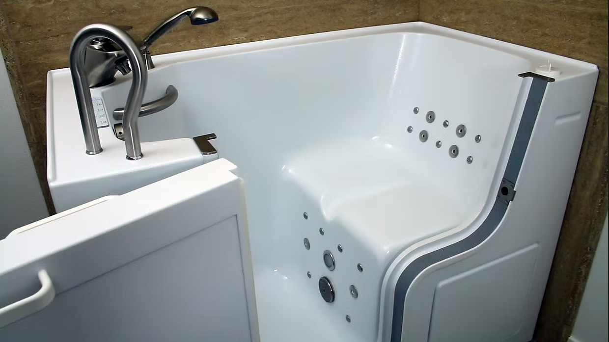 Outswing door walk-in tub with 180-degree door opening showing built-in seat and hydrotherapy jets