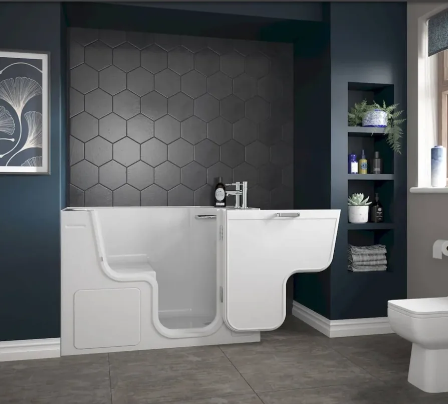 Walk-in tub with outswing door, hydrotherapy jets, and built-in seat installed by Secure Bath in Henderson