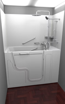 Walk-in tub and shower combo rendering showing accessible bathroom design